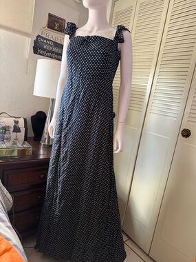 Lulus Navy Blue White Polka Dot Maxi Dress Tie Strap Rayon Flowy Size XL